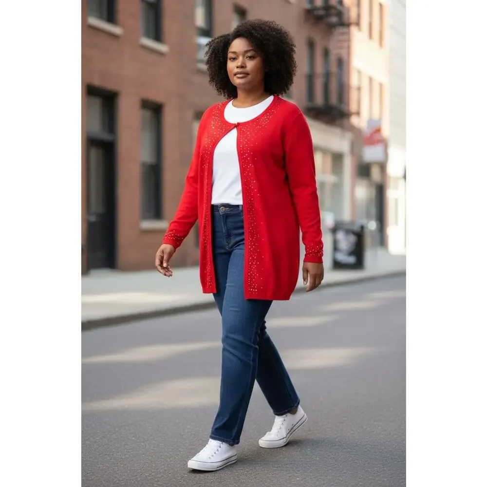 Catherines Red Cardigan Sweater Sz 3X (26W/28W) Open Front Gold Studs Ribbed Top